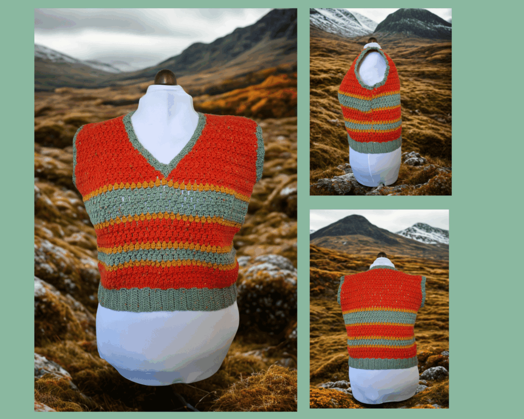 cairngorm vest crochet garment: pattern testing in progress