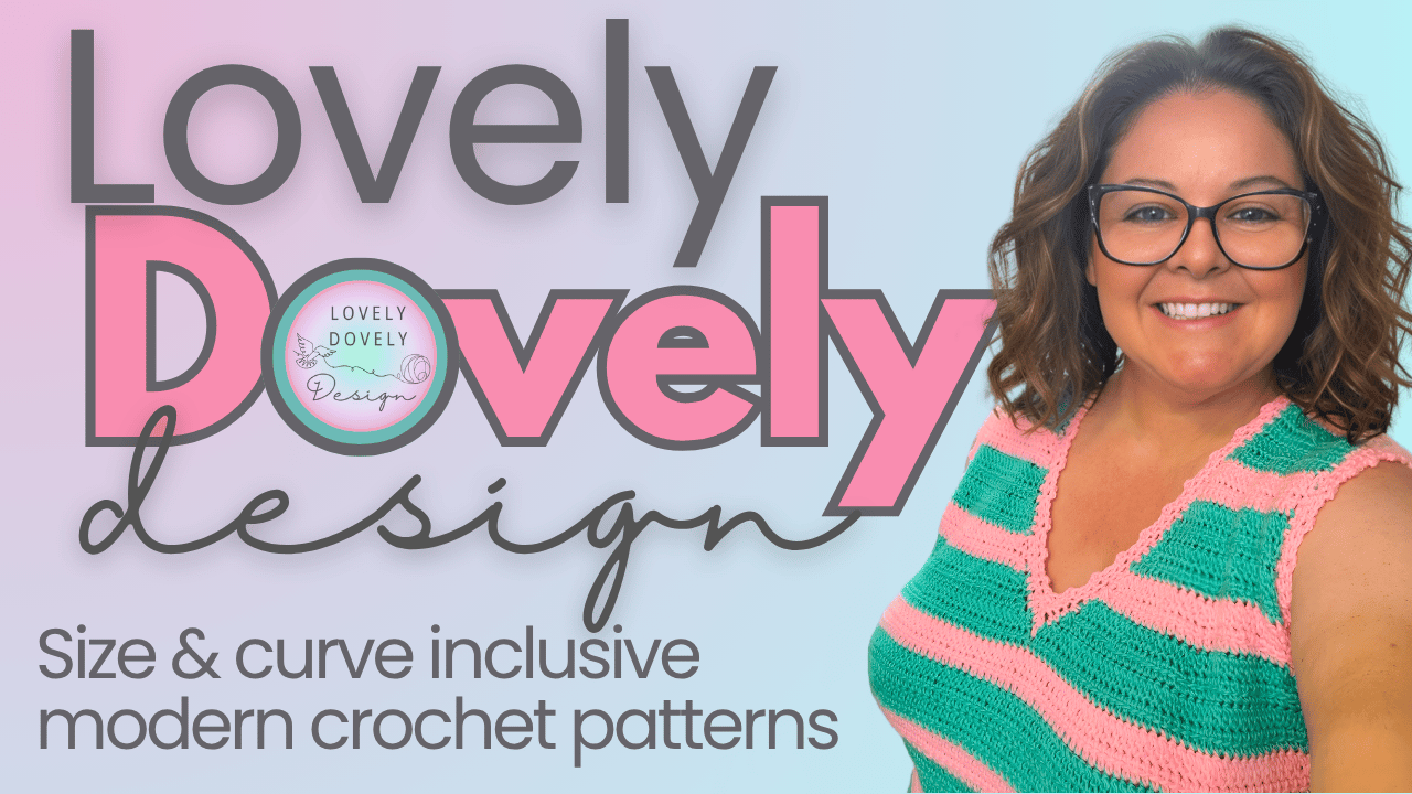lovely dovely design modern wearable size inclusive curve friendly crochet patterns. Pictured is size 2xl version of Sherbette Camisole vest in pinc and green stripes with picot v-neck and armhole edging and pom pom hem border edging.